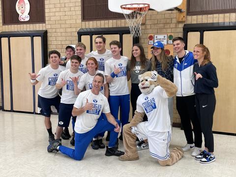 Larsen students were so excited to have Cosmo Cougar at their school for the Cougar Strong assembly.  Student athletes from BYU gave a presentation on what it means to be Cougar Strong.  Here are some of the key concepts they talked about:   *Physically strong by exercising, eating good and avoiding harmful substances.  *Mentally strong by developing a love of learning, maintain high academic standards.  *Socially strong by treating others with kindness and respect and good sportsmanship.