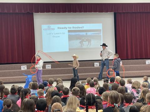 We are kicking off the month of April with the Fiesta Days Rodeo Reading Challenge. Today Larsen students learned about all the different events during a rodeo and  even got to participate in roping and barrel racing.  Each student was also given a bandana to wear to the assembly.  Your child will be bringing home a calendar for them to keep track of the minutes they read.  They will be entered into a drawing for prizes at the end of the month. There is also a traveling trophy for the school that has the mo