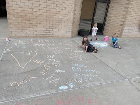 Our amazing PTA set up an activity for families to come to the school and write messages to the teachers and staff here at Larsen on the sidewalks.  Students were having so much fun drawing pictures and talking all about their teachers.  It was heartwarming to see how much our kids love school and the people here at Larsen.  Thank you for showing everyone so much appreciation!