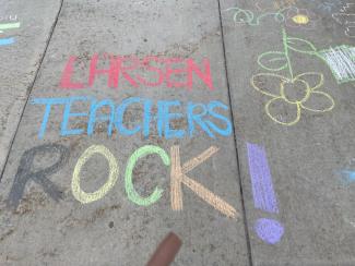 Our amazing PTA set up an activity for families to come to the school and write messages to the teachers and staff here at Larsen on the sidewalks.  Students were having so much fun drawing pictures and talking all about their teachers.  It was heartwarming to see how much our kids love school and the people here at Larsen.  Thank you for showing everyone so much appreciation!