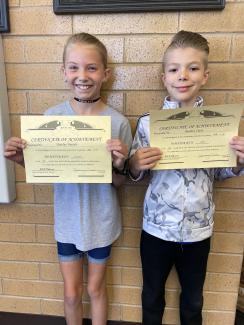 We would like to congratulate Haizley Daniels and Maddux Clark for receiving Certificates of Achievement in the track meet.  Haizley got hers in the 200 meters and Maddux's was in the 50 meter dash.  Way to go runners!