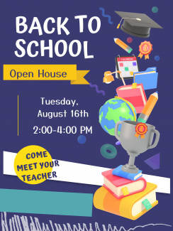 We are so excited that school is almost here.  Please come to the Back to School Open House on August 16th from 2:00-4:00 PM.  Call our office if you have any questions.  See you soon!