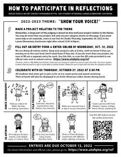 We are excited to announce the Reflections theme for the 2022-2023 "Show Your Voice".   Please follow the process listed for your students entries.  We are excited to see all the ways that Larsen students show their voice!