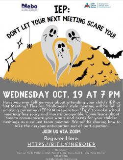 Parenting Informational Meeting on IEPs and 504s Don’t let your next IEP or 504 meeting scare you.   Join us Wednesday, October 19, 2022, at 7:00 p.m. via zoom. Register here: HTTPS://BIT.LY/NEBOIEP