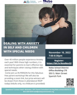 A free seminar for Nebo parents dealing with anxiety in themselves or with special needs children will be held on  November 10th.  Please read the flyer for more information and the QR for sign ups.