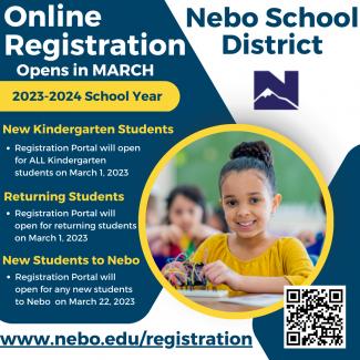 If you have a child starting kindergarten next year or  returning students, you can register for the 2023-2024 school year starting today!  Click on the link below to begin or use the QR code.  https://www.nebo.edu/registration