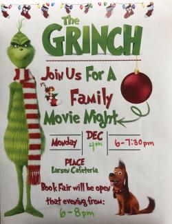 Join us for our Indoor Family Movie Night: Monday, December 4th at 6PM in the Larsen Cafeteria Popcorn will be served. You are welcome to bring your own dinner to eat while you watch. The book fair will be open during the movie for parents to shop with or without their kids.