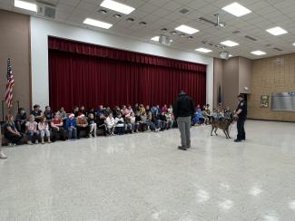 Larsen 5th graders had some special visitors during their NOVA class.  Spanish Fork PD brought K9's Maverick and Iceman to show the students how these specially trained dogs help them do their jobs.   Officer Leifson also put on the bite suit and students showed how the dogs bite attackers.  Thank you SFPD for all you do in our community.
